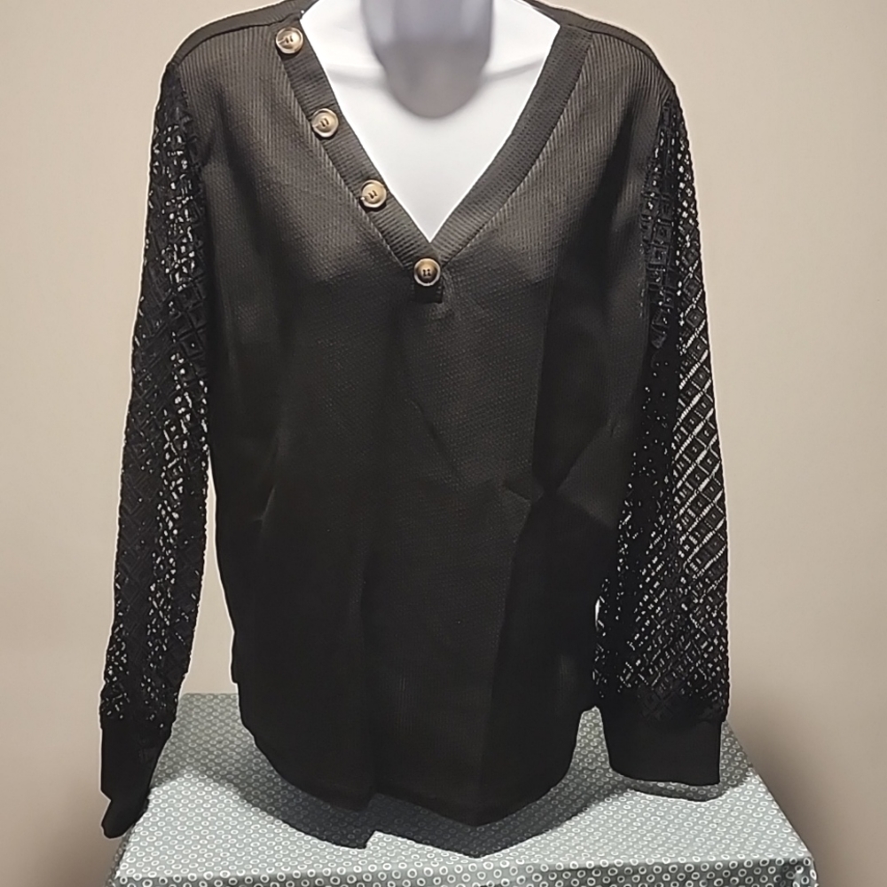 Button Front Lace Sleeve Black Tee